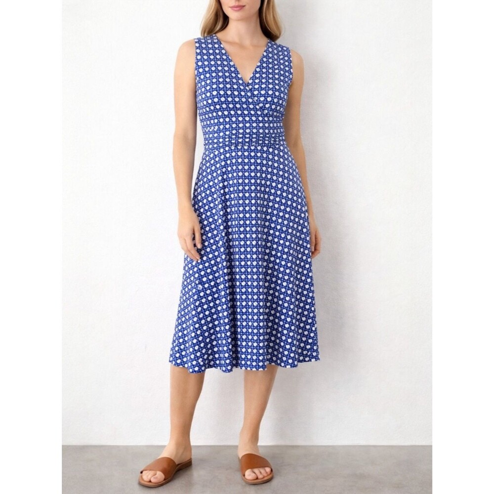 Leota Cindy Lattice Print Midi Dress Size Large Blue Ruched Waist Stretch V Neck